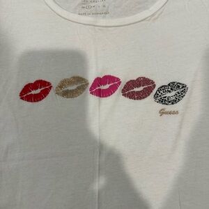 Guess Women's Short Sleeve Tee with Lip Print - Red, Gold, Pink, Black